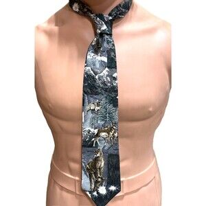 Endangered Species Silk Tie N American Kingdom Mt Lion Deer Sheep 58.5" L Vtg